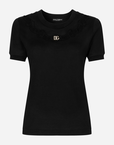 DOLCE & GABBANA JERSEY T-SHIRT WITH DG LOGO AND LACE INSERTS