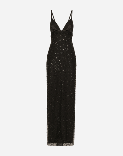 DOLCE & GABBANA LONG TULLE SLIP DRESS WITH ALL-OVER RHINESTONE EMBELLISHMENT