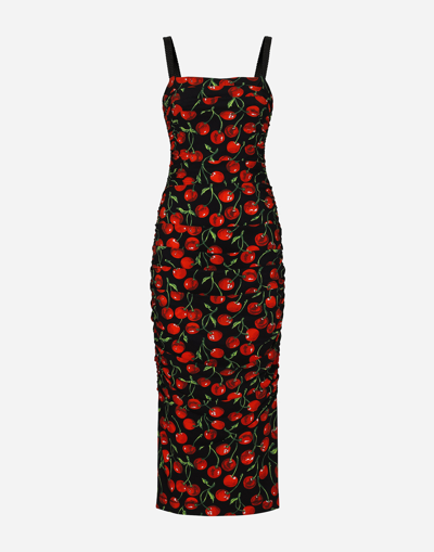 DOLCE & GABBANA CHERRY-PRINT JERSEY CALF-LENGTH DRESS WITH DRAPING