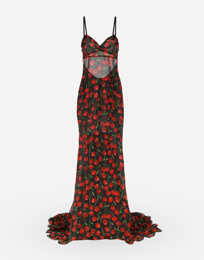 DOLCE & GABBANA LONG CHERRY-PRINT CHIFFON DRESS WITH TRAIN