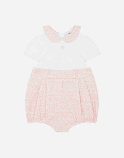 DOLCE & GABBANA POPLIN AND JERSEY ROMPER SUIT WITH ALL-OVER LOGO PRINT