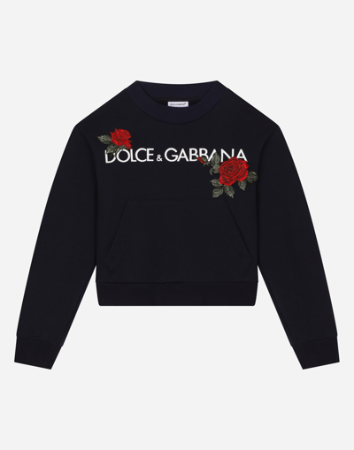 DOLCE & GABBANA ROUND-NECK SWEATSHIRT WITH LOGO PRINT AND ROSE PATCH