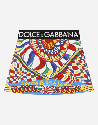 DOLCE & GABBANA SHORT CARRETTO-PRINT JERSEY SKIRT WITH BRANDED ELASTIC WAISTBAND