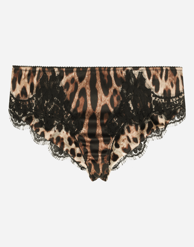 DOLCE & GABBANA LEOPARD-PRINT SATIN BRIEFS WITH LACE DETAILING