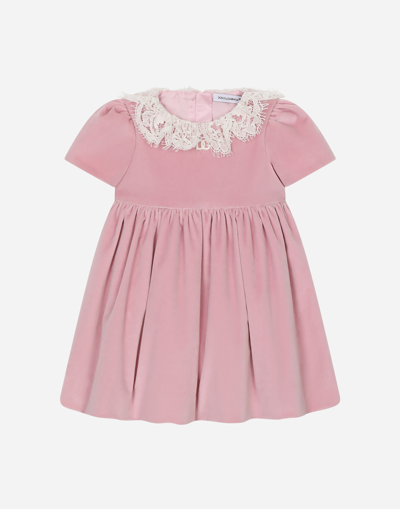 DOLCE & GABBANA SHORT-SLEEVED VELVET DRESS WITH LACE COLLAR