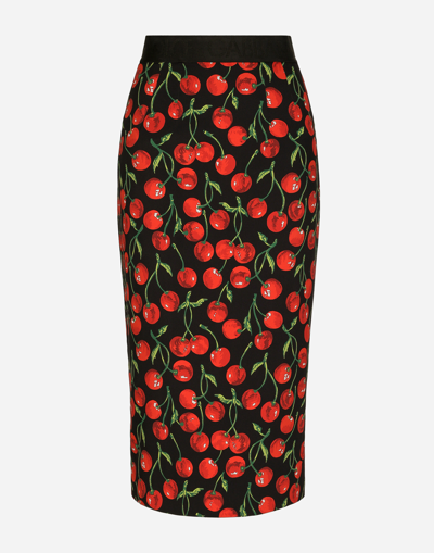 DOLCE & GABBANA HIGH-WAISTED CHARMEUSE CALF-LENGTH SKIRT WITH CHERRY PRINT