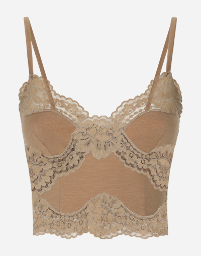 DOLCE & GABBANA WOOL JERSEY LINGERIE CROP TOP WITH LACE INLAYS