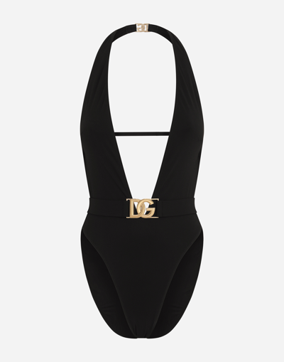 DOLCE & GABBANA ONE-PIECE SWIMSUIT WITH PLUNGING NECK AND BELT