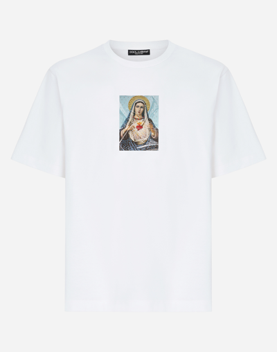DOLCE & GABBANA PRINTED COTTON T-SHIRT WITH FUSIBLE RHINESTONE EMBELLISHMENT