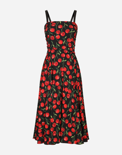 DOLCE & GABBANA CHERRY-PRINT CHARMEUSE CALF-LENGTH DRESS