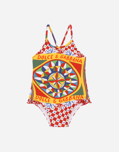 DOLCE & GABBANA CARRETTO-PRINT ONE-PIECE SWIMSUIT WITH RUCHED SIDE
