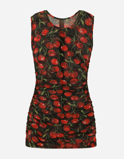 DOLCE & GABBANA SLEEVELESS TULLE TOP WITH CHERRY PRINT AND DRAPING