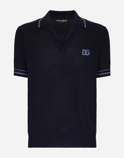 DOLCE & GABBANA MESH-STITCH COTTON POLO-SHIRT WITH DG EMBROIDERY