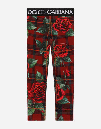 DOLCE & GABBANA INTERLOCK LEGGINGS WITH TARTAN AND ROSE PRINT