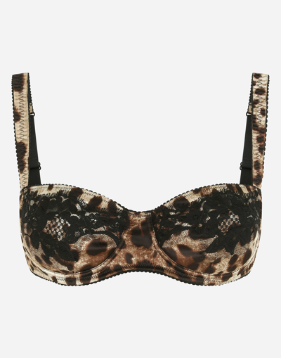 DOLCE & GABBANA LEOPARD-PRINT SATIN BALCONETTE BRA WITH LACE