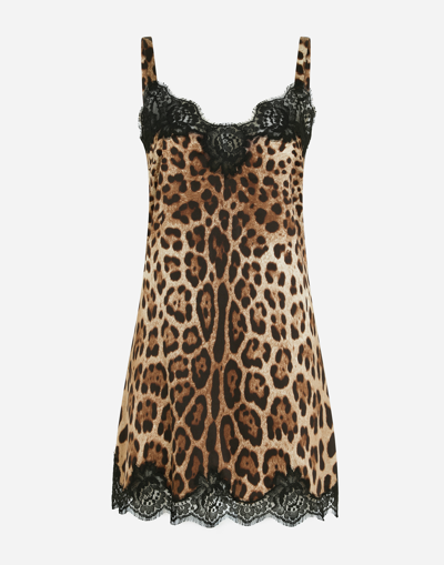 DOLCE & GABBANA LEOPARD-PRINT SATIN LINGERIE SLIP WITH LACE DETAILING