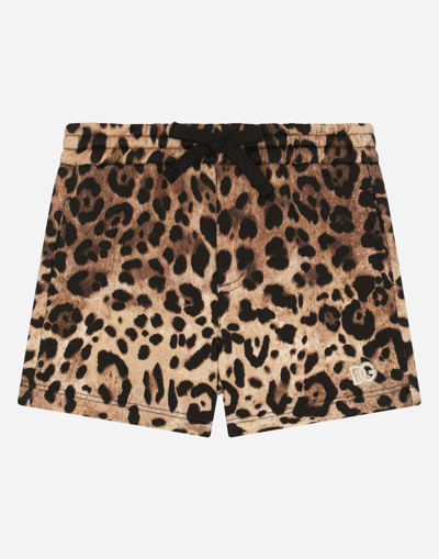 DOLCE & GABBANA JERSEY JOGGING SHORTS WITH LEOPARD PRINT AND DG LOGO EMBROIDERY