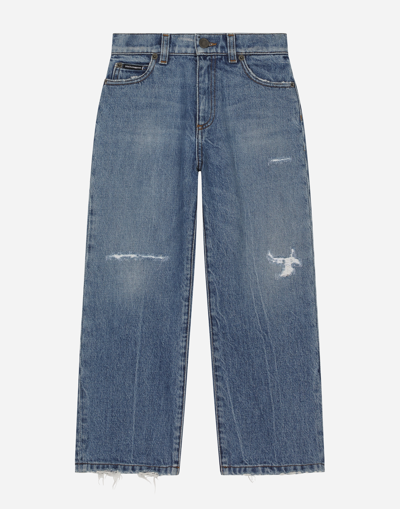 DOLCE & GABBANA 5-POCKET TREATED DENIM JEANS WITH LOGO TAG