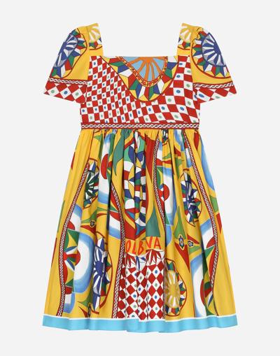 DOLCE & GABBANA SHORT-SLEEVED CARRETTO-PRINT POPLIN DRESS
