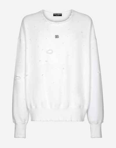 DOLCE & GABBANA DESTROYED JERSEY ROUND-NECK SWEATSHIRT WITH DG LOGO