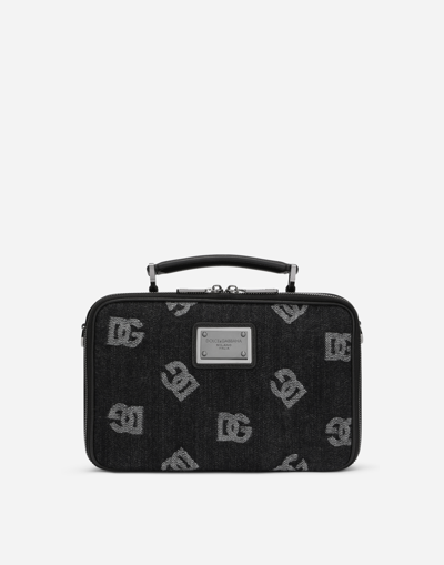 DOLCE & GABBANA CALFSKIN AND DENIM CROSSBODY BAG WITH LOGO