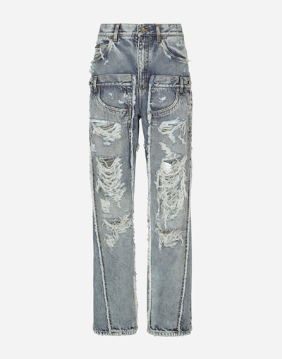 DOLCE & GABBANA PATCHWORK DENIM JEANS WITH RIPPED DETAILS