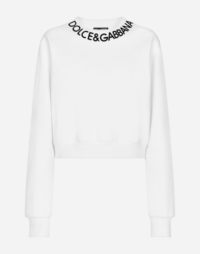 DOLCE & GABBANA CROPPED JERSEY SWEATSHIRT WITH LOGO EMBROIDERY ON NECK