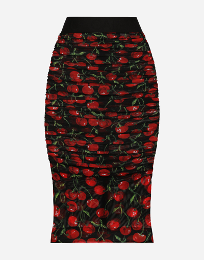 DOLCE & GABBANA CHERRY-PRINT TULLE MIDI SKIRT WITH BRANDED ELASTIC AND DRAPING