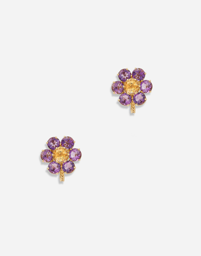 DOLCE & GABBANA SPRING EARRINGS IN YELLOW 18KT GOLD WITH AMETHYST FLOWER MOTIF