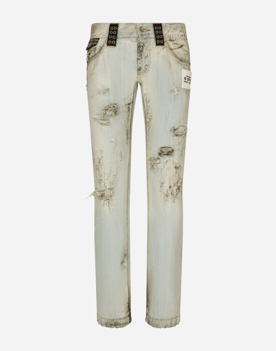 DOLCE & GABBANA WASHED DIRTY DENIM JEANS WITH RIPS