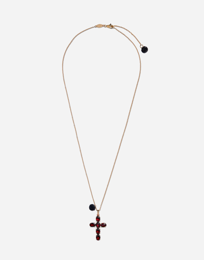 DOLCE & GABBANA FAMILY CROSS AND ROSE PENDANTS ON YELLOW GOLD CHAIN