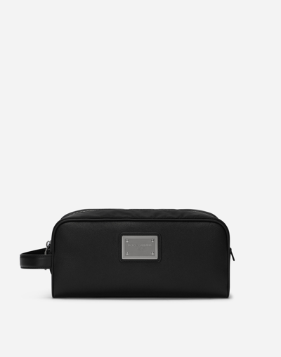 DOLCE & GABBANA GRAINY CALFSKIN AND NYLON TOILETRY BAG