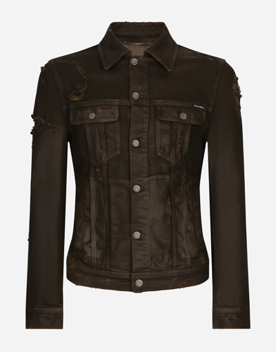 DOLCE & GABBANA WAXED STRETCH DENIM JACKET WITH RIPS