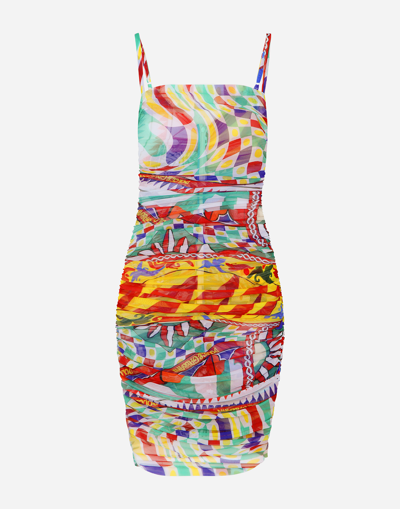 DOLCE & GABBANA SHORT DRAPED TULLE DRESS WITH CARRETTO PRINT
