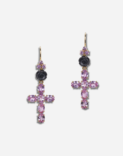 DOLCE & GABBANA FAMILY YELLOW GOLD EARRINGS WITH ROSE AND CROSS PENDANT