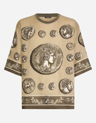 DOLCE & GABBANA COIN PRINT LINEN AND COTTON T-SHIRT