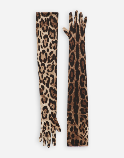 DOLCE & GABBANA LONG LEOPARD-PRINT STRETCH SATIN GLOVES