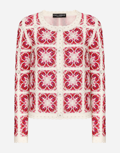 DOLCE & GABBANA BRICK-STITCHED CROCHET CARDIGAN WITH MAJOLICA PRINT