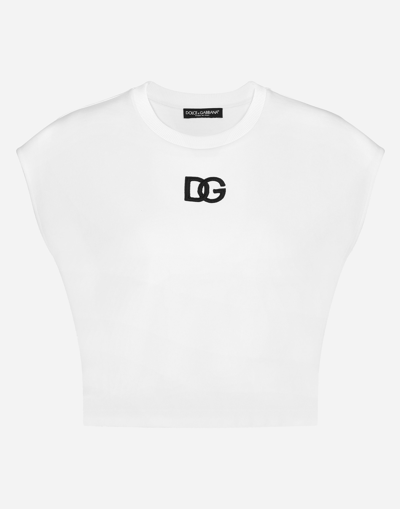 DOLCE & GABBANA CROPPED JERSEY T-SHIRT WITH DG LOGO PATCH