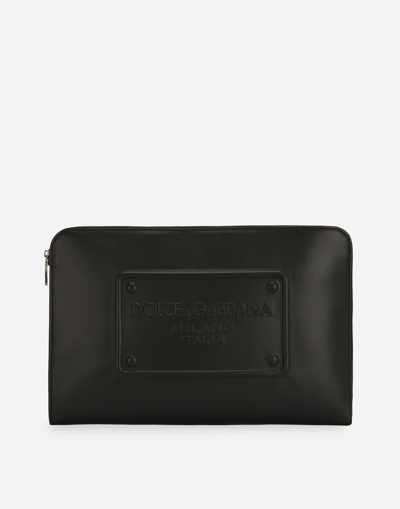 DOLCE & GABBANA LARGE CALFSKIN POUCH WITH RAISED LOGO