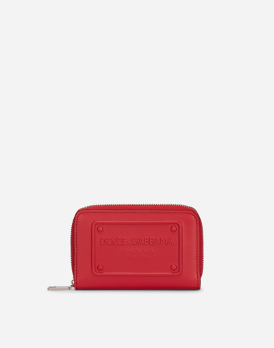 DOLCE & GABBANA SMALL ZIP-AROUND WALLET IN CALFSKIN WITH RAISED LOGO