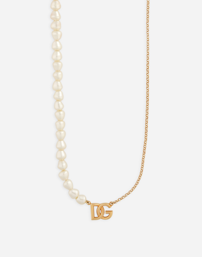 DOLCE & GABBANA LINK NECKLACE WITH PEARLS AND DG LOGO
