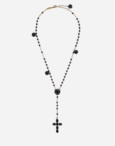 DOLCE & GABBANA YELLOW GOLD DEVOTION ROSARY NECKLACE WITH BLACK OVAL SAPPHIRES