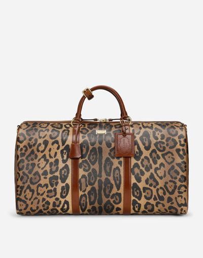 DOLCE & GABBANA MEDIUM TRAVEL BAG IN LEOPARD-PRINT CRESPO WITH BRANDED PLATE