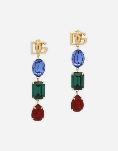 DOLCE & GABBANA LONG EARRINGS WITH DG LOGO AND MULTI-COLORED RHINESTONES
