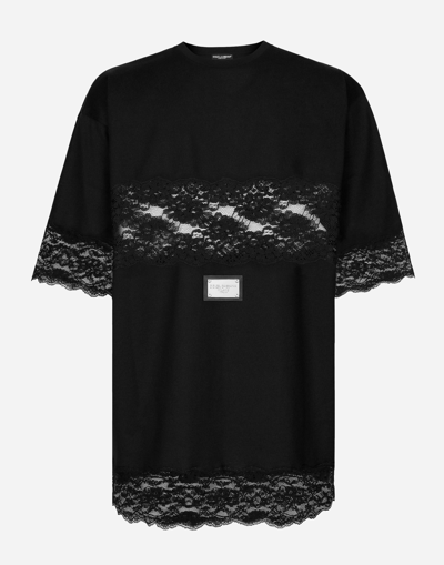 DOLCE & GABBANA JERSEY T-SHIRT WITH LACE INSERTS AND THE DOLCE&GABBANA TAG