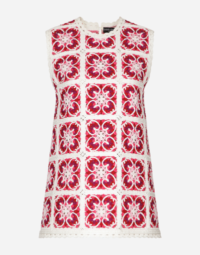 DOLCE & GABBANA BRICK-STITCHED CROCHET MINI DRESS WITH MAJOLICA PRINT
