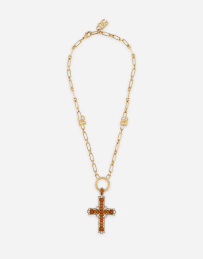 DOLCE & GABBANA CHAIN NECKLACE WITH CROSS AND YELLOW CRYSTALS