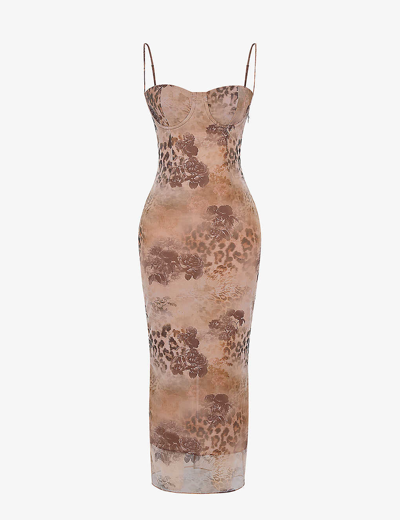 HOUSE OF CB WOMENS CREAM FLORAL AIZA FLORAL-PRINT STRETCH-MESH MAXI DRESS