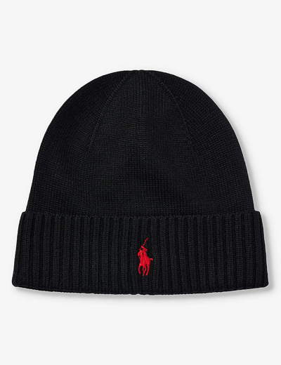 POLO RALPH LAUREN MENS POLO BLACK BRAND-EMBROIDERED FOLDED-BRIM WOOL BEANIE